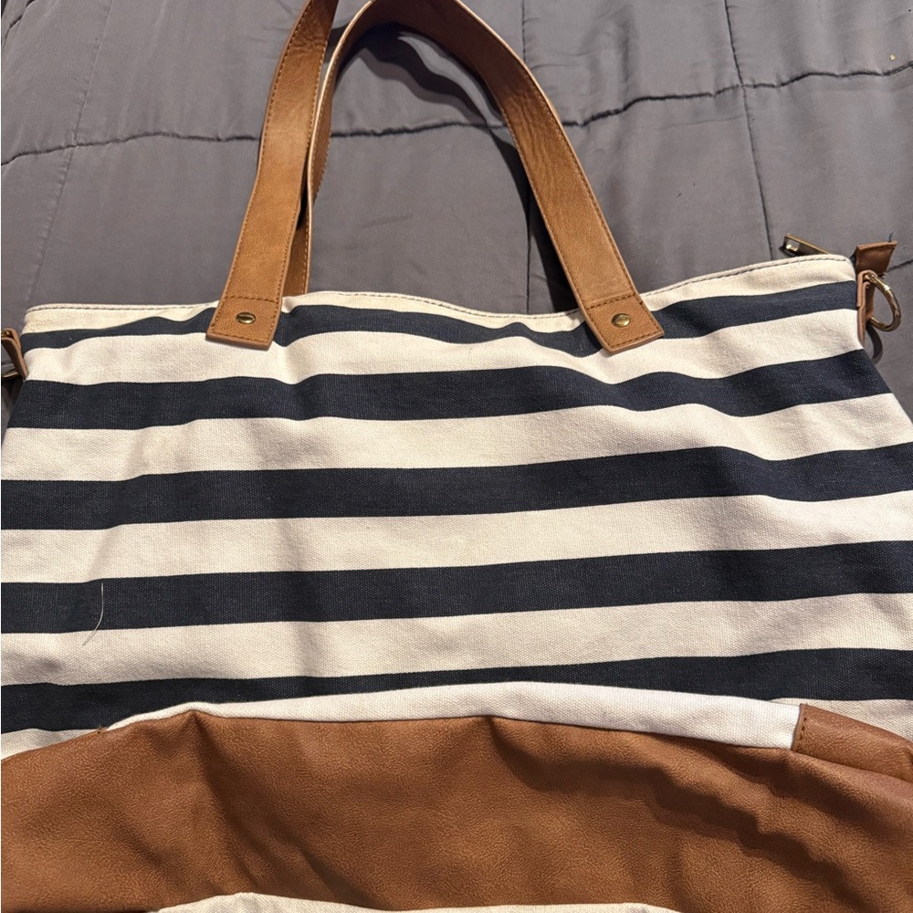 Merona Black and White Striped Tote Bag with Spacious Design